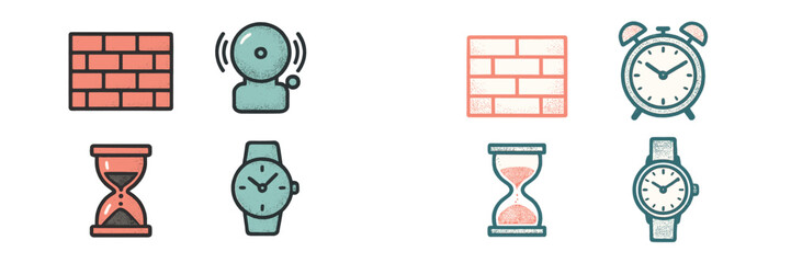 Creative illustration of clocks, hourglasses, and alarms against a brick background showcasing the concept of time management