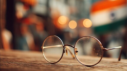 Round glasses resting on a wooden table with a blurred background of Indian flags and festive lights, symbolizing Gandhi Jayanti in India.