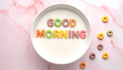 Morning Cereal Delight: A whimsical breakfast scene featuring a bowl of milk adorned with colorful cereal letters spelling out GOOD MORNING, alongside scattered cereal rings.