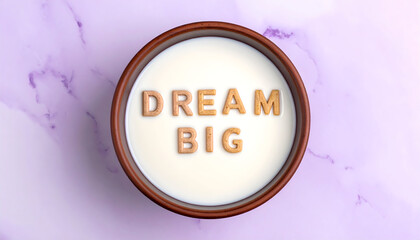 Dream Big Concept in a Bowl: A captivating top-down perspective presents a bowl filled with creamy liquid. The words DREAM BIG are artfully crafted from wooden letters, floating inside.