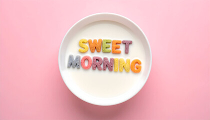 Sweet Morning Cereal Bowl: An overhead shot of a cereal bowl filled with milk and colorful alphabet cereal, spelling out SWEET MORNING against a vibrant pink backdrop.