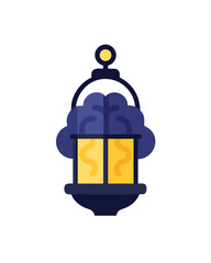 A dark blue hanging lantern with yellow panes and a blue cloud shape inside