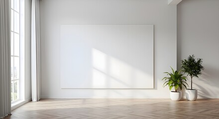Modern Empty Room Interior: Blank Canvas Wall, Sunlight, Herringbone Floor