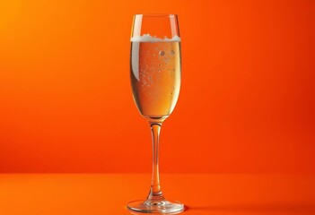 Elegant champagne flute, bubbly liquid, orange backdrop,  crisp,  light