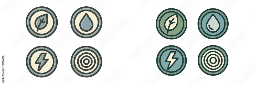 Poster four symbols representing elements of nature and energy in a simple, modern design displayed on a cl
