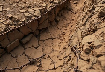Cracked earth, rusted barbed wire, decaying WWI trench, grunge texture,  grunge,  decay