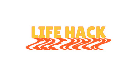 Life hack bold internet slang with wavy orange shadow. Clever tip lingo. Creative knowledge, advice help. Lifehack solution. Social media buzz. Funky reflection 70s typography. Lilita One font used © IMG visuals characte