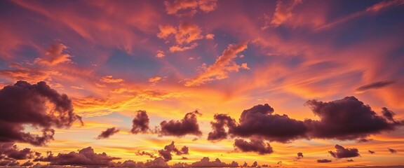 Timelapse of clouds moving across a vibrant sunset sky,  evening,  panoramic
