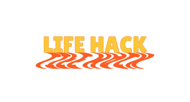 Life hack bold internet slang with wavy orange shadow. Clever tip lingo. Creative knowledge, advice help. Lifehack solution. Social media buzz. Funky reflection 70s typography. Lilita One font used