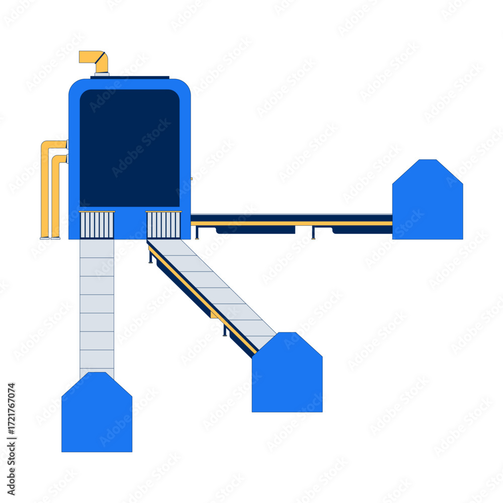 Poster automated industrial conveyor system 2d cartoon object. warehouse material sorting, packaging machin