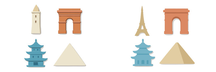 Colorful architectural shapes representing famous landmarks from around the world suitable for educational activities