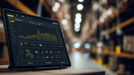 Close medium shot of AI dashboard managing automated inventory updates focusing on realtime alerts with storage racks blurred in the background.
