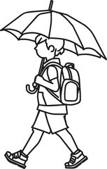 Vector line art of rural children walking to school in sun and rain. Symbolizes education, struggle, and village life. EPS-ready for editorial and lifestyle themes.