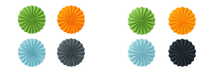 Colorful paper decorations arranged in different shades and patterns for a festive occasion