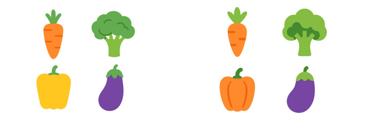Colorful vegetables in a playful design featuring carrots, broccoli, bell peppers, and eggplants in bright hues