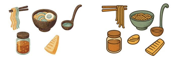 Illustration of traditional Asian dishes featuring noodles, broth, and condiments in a colorful design