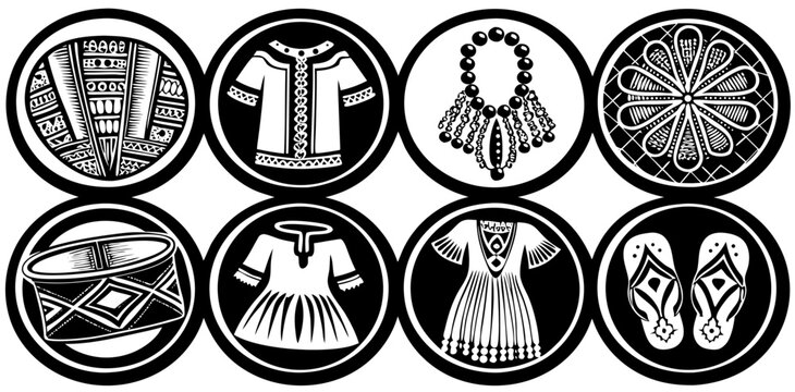 Vector illustration set of African fashion theme, African dashiki shirt, gele headwrap, kente cloth, beaded jewelry, boubou dress, Maasai shuka, sandals, tribal necklace