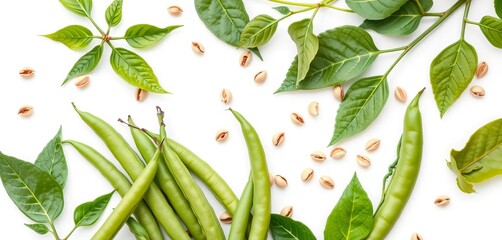 Whimsical green beans, sprouting seeds & leaves, natural elements, white background,  macro photography,   isolated