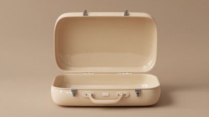 The elegant beige suitcase with an open lid on a smooth background