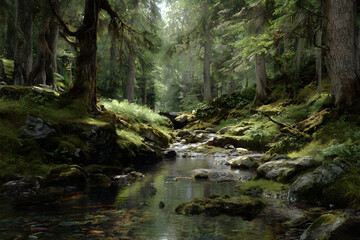 Obraz premium Tranquil Symphony of Natur: The Serene and Soothing ounds of Babbling Forest Sreams Amidst Lush Greenery Offering a Retreat into Nture's Bliss