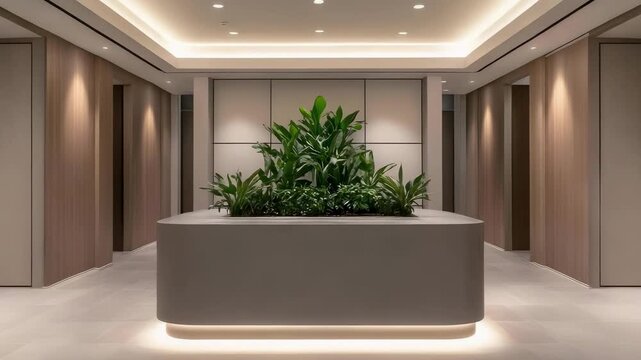 A modern reception lobby featuring a central planter with lush greenery, flanked by matching planters and soft, warm lighting.