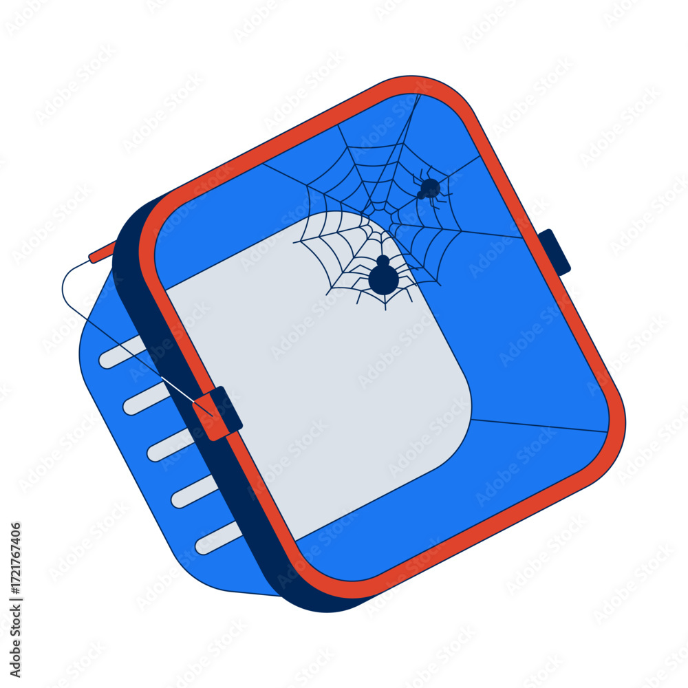Poster abandoned empty shopping basket with spider web 2d cartoon object. spiderweb forgotten purchase. cob