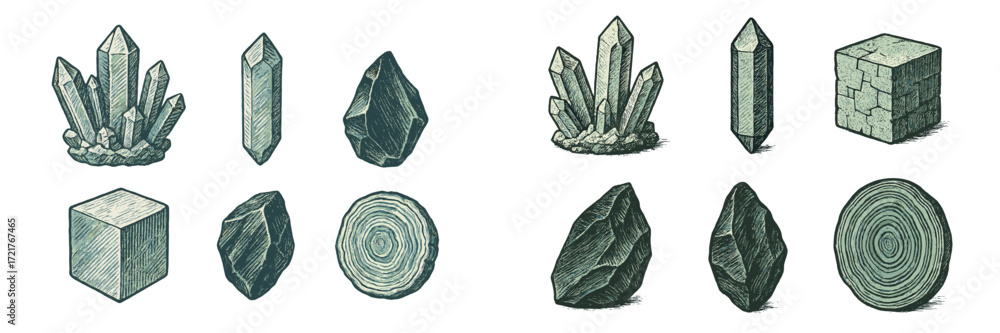 Poster exploring a collection of various crystals and stones displayed in a natural formation and geometric