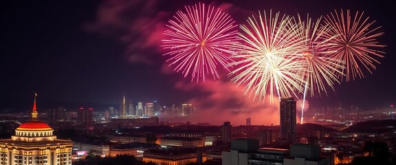 Glittering midnight fireworks display over cityscape,  colorful,  winter