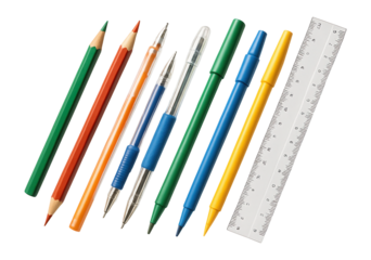 Colorful writing tools with a ruler on a white background.