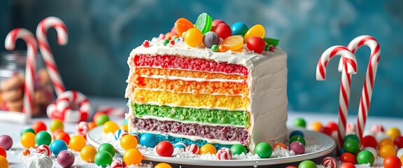 Rainbow layer cake, gumdrops, candy canes, whimsical candy land theme, sweet, candy