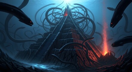 Ancient Underwater Pyramid with Tentacled Creatures and Lava Flow - Eerie Deep Sea Discovery