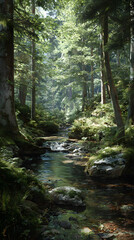 Fototapeta premium Tranquil Symphony of Natur: The Serene and Soothing ounds of Babbling Forest Sreams Amidst Lush Greenery Offering a Retreat into Nture's Bliss