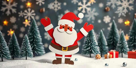 Cheerful Santa paper cutout, snowflakes, trees, festive holiday scene, Christmas,  paper cut