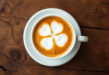 Creamy cloverleaf foam atop coffee in white cup, rustic wooden table,  texture,  delicious