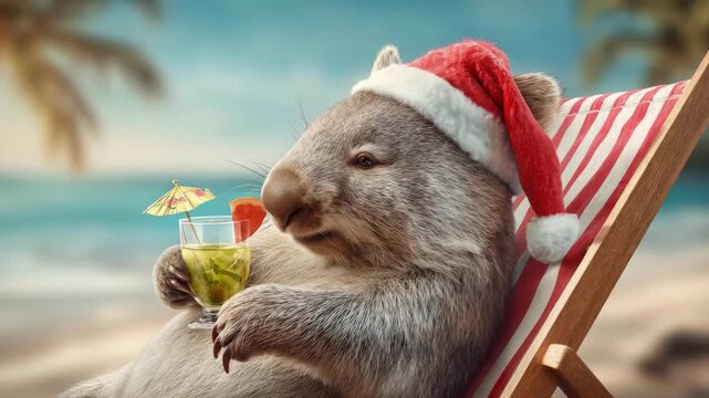 A wombat lounges on a striped beach chair, enjoying a colorful drink with a tiny umbrella by the beach.