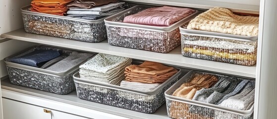 Organized clothing storage in clear plastic containers on closet shelves