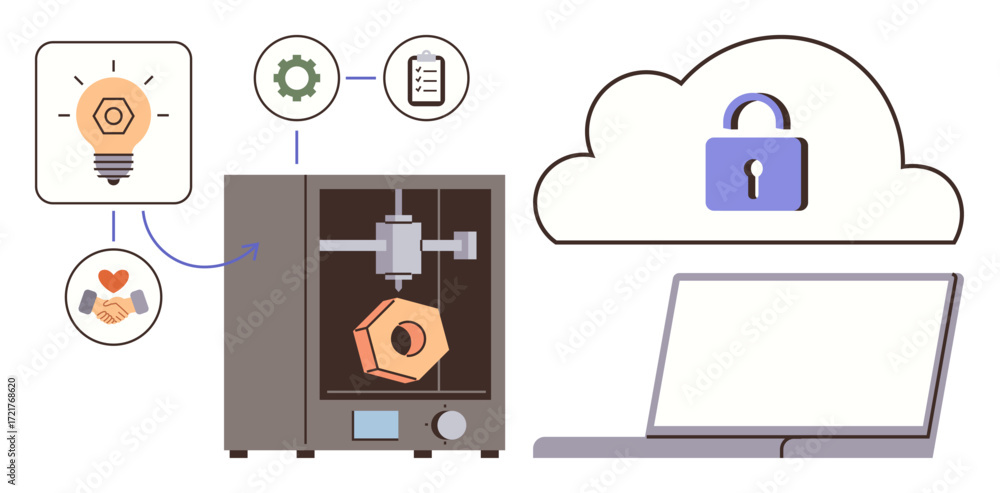 Poster 3d printer creating a part, lightbulb for ideas, gears for mechanics, cloud with lock for data secur
