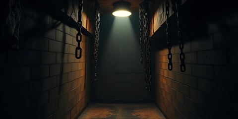 Claustrophobic, dimly lit room; rusty chains hang, ominous shadows loom,  background,  panic