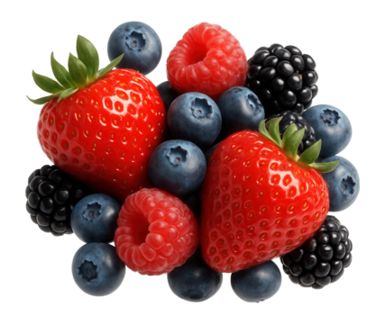 Assorted fresh berries on white background.