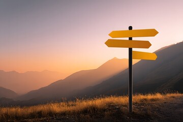 Scenic Sunrise with Directional Signpost in Mountainous Landscape
