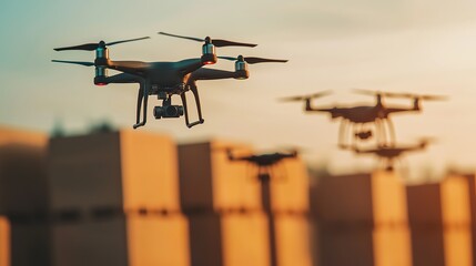 Automated drone delivery network hub with multiple drones taking off and landing, urban logistics, efficient last-mile delivery. 