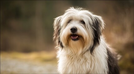 terrier. Close-up portrait of a Tibetan terrier with fluffy fur and soft natural lighting. wildlife magazines, conservation campaigns, designed for eco-tourism storytelling, celebrates biodiversity.