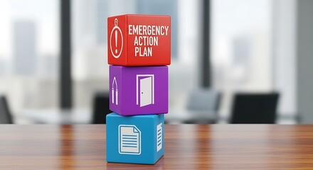 Emergency action plan icons set safety strategy concept 3D illustration on wooden table