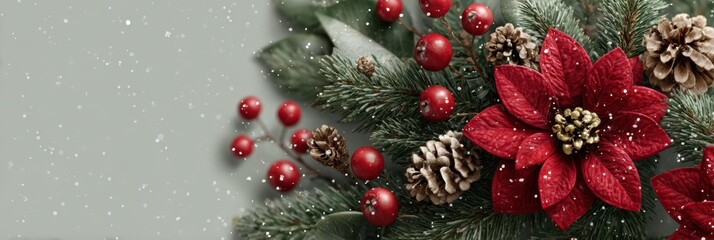 Holiday floral arrangement featuring red poinsettia and festive greenery in a snowy backdrop
