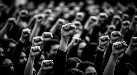 A powerful black and white image of a diverse crowd of people with raised fists symbolizing protest solidarity and the ongoing fight for social justice and equality.