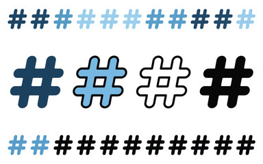 Vector art of collection of hashtag symbols in various shades of blue and black, representing social media trends, topics, and online conversations