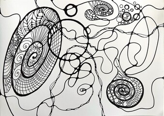 Neurographic style concept abstract traditional art illustration, circle, lines, markers and pencils