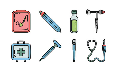 Obraz premium Vector art of medical equipment icons in doodle style, featuring stethoscope, syringe, and first aid kit, perfect for healthcare, medicine, and wellness designs