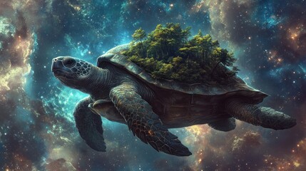 Obraz premium Turtle carrying a miniature forest in space