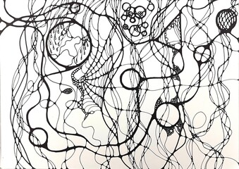 Neurographic style concept abstract traditional art illustration, circle, lines, markers and pencils